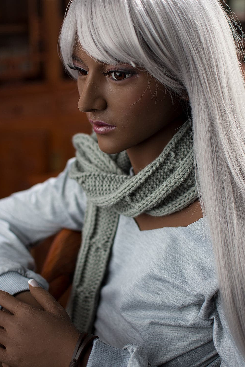 163cm/5ft4 D-Cup Ebony White Hair Sexy TPE Black Sex Doll 6ye